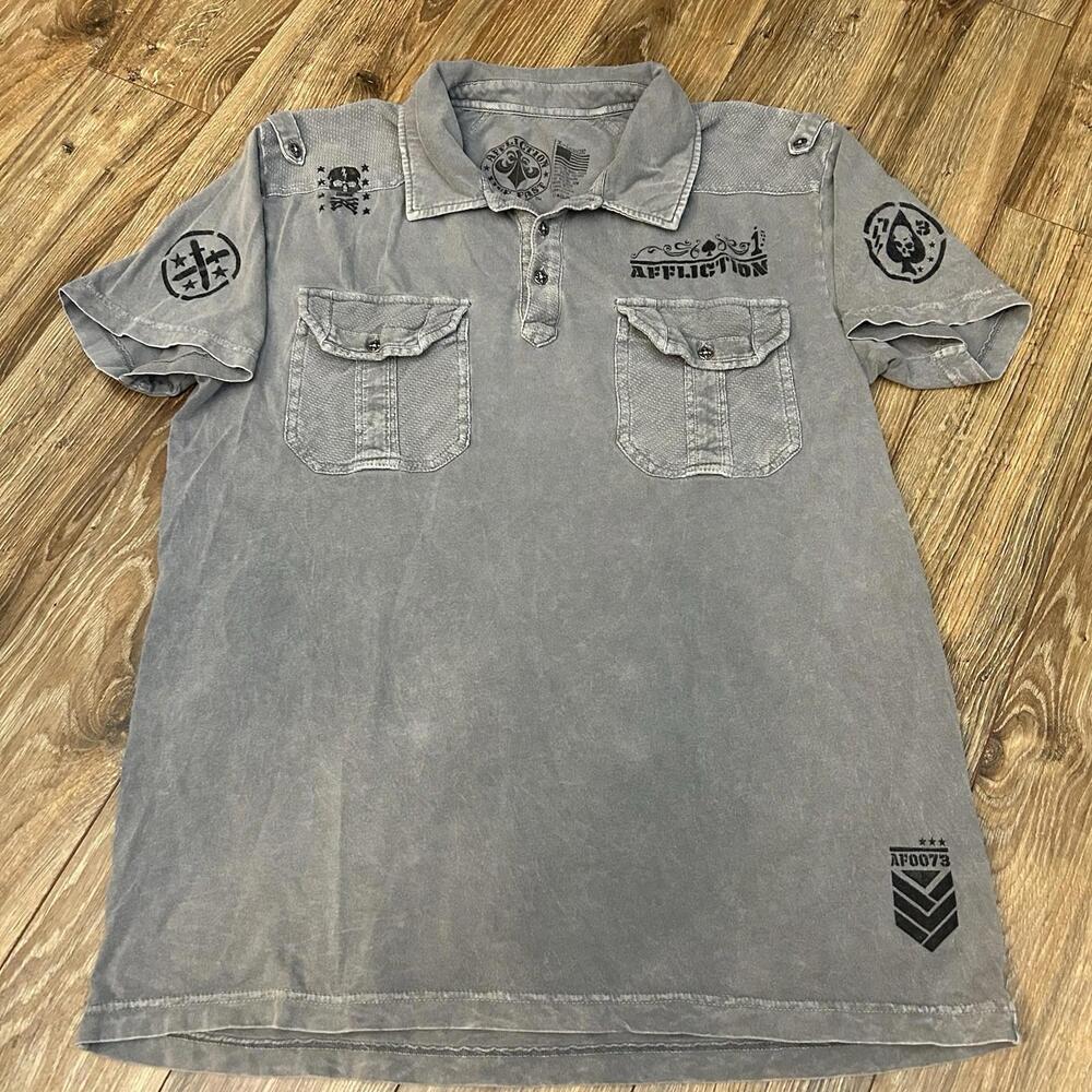Vtg Y2K Affliction Mens Graphic Polo T-Shirt Size XL Collard Gray Skulls Spades